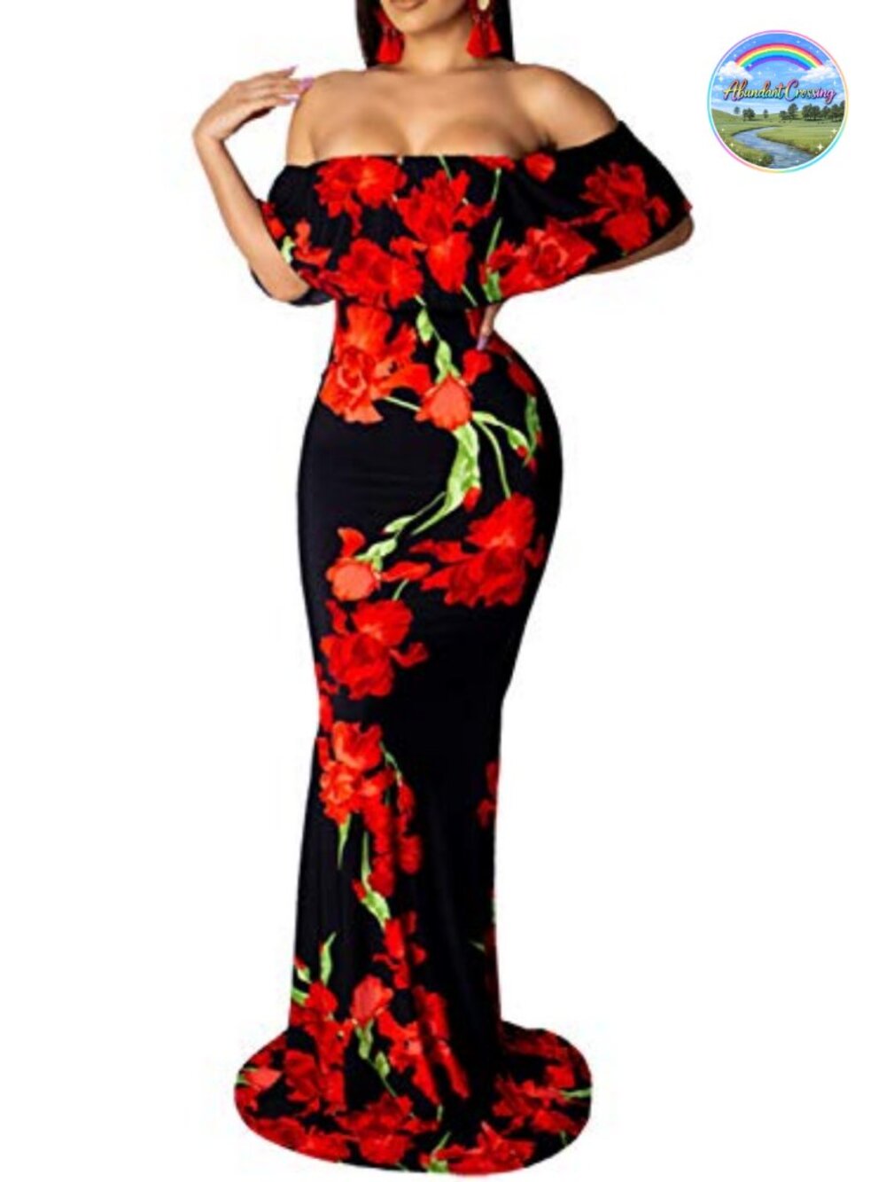 Off Shoulder Floral Maxi Dress Ruffle Bodycon Party Evening Prom